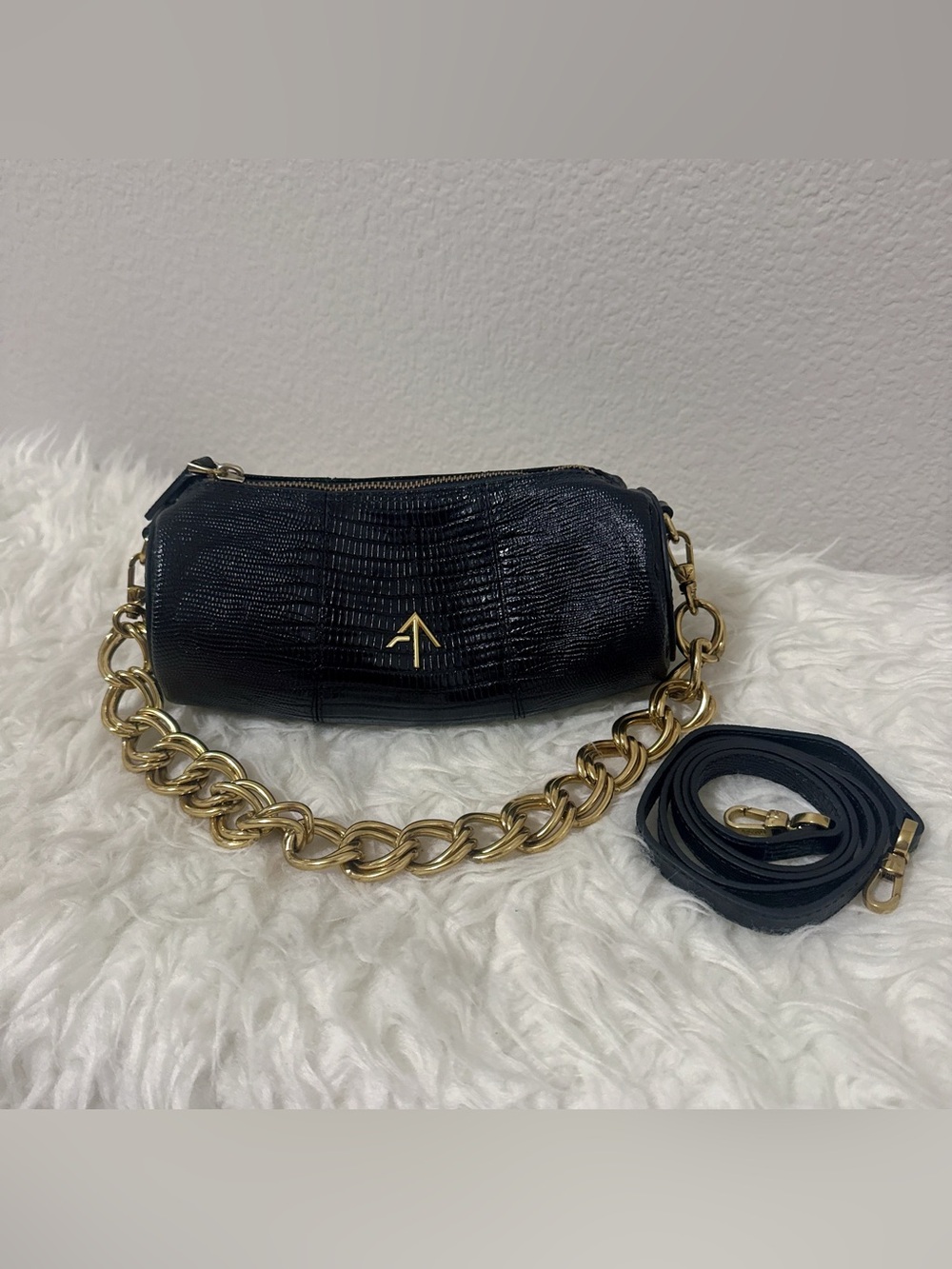 Manu Atelier Black Lizard Embossed Leather Mini Cylinder